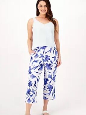 Susan Graver Printed Liquid Knit Slim-Leg Crop Pants Blue White Plus Sz 4X